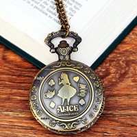 Montre de poche vintage à quartz sur le thème de Alice au pays des merveilles, boîtier rond en alliage, cadran numérique rabattable, grande taille, vente en gros