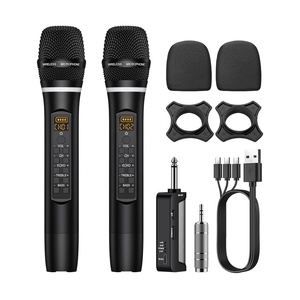 Système de microphone de karaoké dynamique sans fil UHF rechargeable à double micro avec contrôle des aigus, des basses et de l'écho - Product Image 1