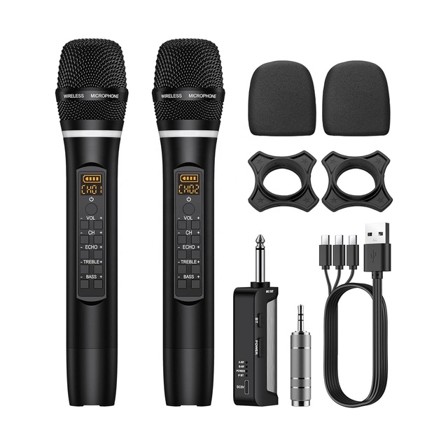 UHF Rechargeable Dual Handheld Dynamic Professional Karaoke Conference Microphone System Noise Cancelling Wireless Treble Bass