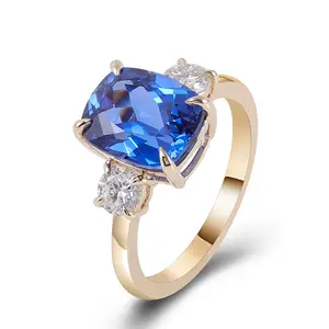 4ct Three-stone Ring 10k Yellow Gold Blue Sapphire Vvs Moissanite Engagement Ring Women's Gemstone Rings