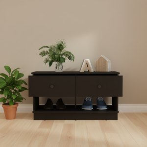 Panca contenitore con ripiano inferiore e due cassetti, finitura nero wengue, scarpiera, mobile moderno per soggiorno - Product Image 2