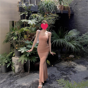 Spaghetti Strap Dress Women Summer Sexy Mid Length Tight Fitting Figure Hugging Fishtail Skirt Solid Color Bodycon Evening Dress - Product Image 1