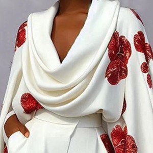 Conjunto de 2 piezas casual de moda para mujer: Top con cuello vuelto y estampado floral estilo capa de calidad estándar y pantalones cortos. - Product Image 4