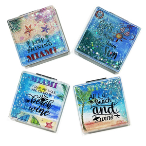 Wholesale Portable Double Sided Makeup Pocket Mirror Custom logo Souvenir Quicksand Glitter Compact Pocket Mirror