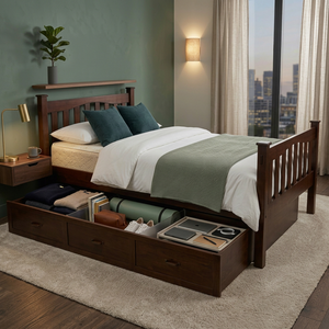 Solid Beech Wood Twin Storage Bed Frame with Underbed <b>Drawers</b> and 3 Built-in Compartments - Product Image 1
