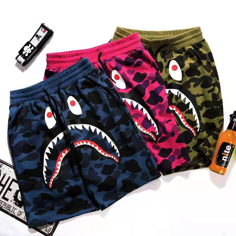 Custom High Quality Mens Cotton Shorts With Pockets Sports Cartoon Shark Printing Camouflage Shorts