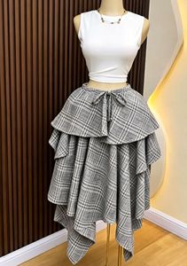 Jupe longue asymétrique à carreaux pour femme, superposée, à volants, taille à cordon de serrage, ourlet irrégulier, fluide, logo personnalisé Sehe Fashion - Product Image 4