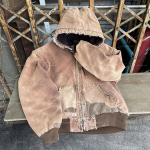 Kustom Hoodie Denim 500GSM pria, jaket hoodie pekerjaan pudar matahari Denim ritsleting atas - Product Image 1