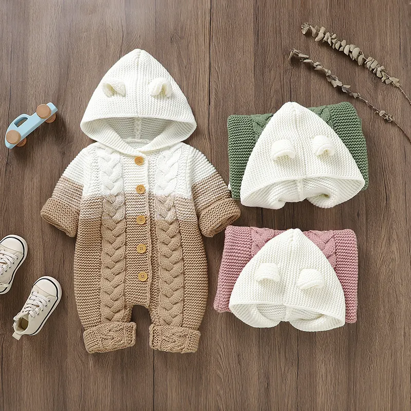 Custom Winter Hooded Knitted Rompers Newborn Jumpsuit Outfits New Born Baby Infant Clothes