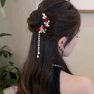 Bâtonnet à cheveux chinois en U pour femme, avec fleur rouge et pompon, épingle à chignon ancienne, fourchettes à cheveux, baguettes, strass, bijou de cheveux Hanfu - Product Image 4