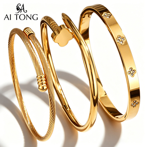Bracciali a Polsino in Acciaio Inossidabile Placcato Oro 18K PVD con Quadrifoglio Intarsiato in Zirconi, Gioielli Regolabili alla Moda <span class=keywords><strong>per</strong></span> Donne - Product Image 6