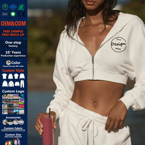 Custom Baggy Ladies French Terry Cropped Zipper <strong>Hoodie</strong> Puff Print Plain <strong>White</strong> Drawstring <strong>Womens</strong> Crop Zip Up Hoodies for <strong>Women</strong> - Product Image 1