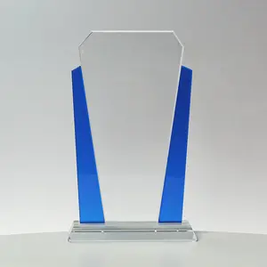 Personalized Blue Crystal Engraved Glass Trophy Award Engravable Logo Wtih Clear Base Glass Award Trophy Gift Box