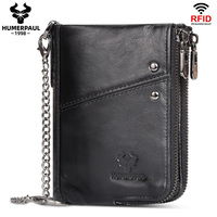 Dompet Kulit Asli HUMERPAUL untuk Pria, Tempat Kartu Kredit RFID dengan Jendela ID, Minimalis dengan Rantai Biker, Portomonee