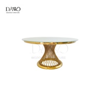 Table de salle à manger ronde avec base spirale dorée et plateau en verre blanc pour mariage