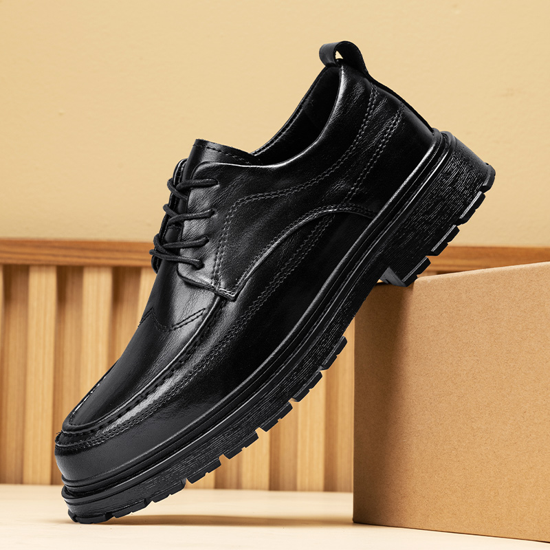 Black Leather Shoes Dress Shoes - Nuoxuebu Lace-up Design