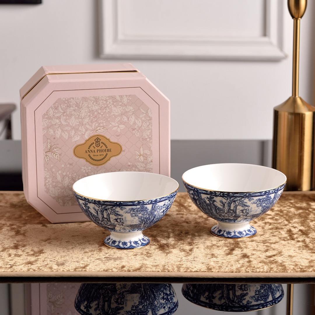 ชามข้าวคู่สีน้ำเงิน ขนาด 4.5 นิ้ว พร้อมขาตั้งสูง