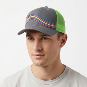 Custom Logo Multi-Color Wavy Stripe Mesh Trucker Hat 6 Panel <b>Grey</b> Green Snapback <b>Cap</b> Sporty Breathable Unisex Outdoor Sports - Product Image 1