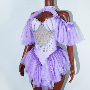 Lavender Glow Coachella 2026 Body con diseño de jaula de pedrería y falda de tul con volantes en capas, ropa de escenario para estrellas del pop y carnaval, venta al por mayor - Product Image 2