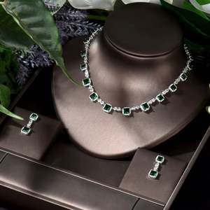 HIBRIDE Full Micro Pave Square Design Cubique Zircone De Luxe Femmes De Mariée De Mariage Collier Robe De Soirée Ensembles De Bijoux N-1018 - Product Image 1