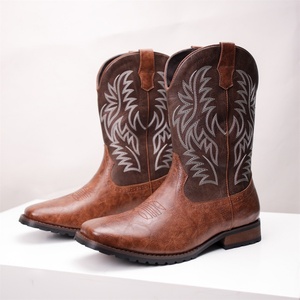 Bottes de cowboy western vintage brodées pour hommes, grande taille, mi-mollet, à bout carré, talon épais, style Chelsea Knight, hiver, transfrontalières - Product Image 2