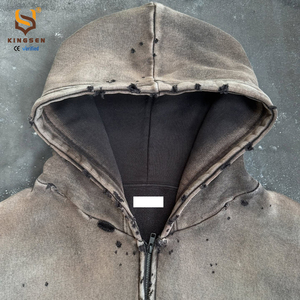 Hoodie Manufacture High Street Distressed Washed Vintage Thick Cotton Hoodies Men Custom Splash Sunfaded Oversized Zip up Hoodie - Product Image 3