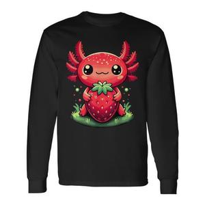 Simpatica maglietta a maniche lunghe con design a fragola e axolotl, stile kawaii estivo. - Product Image 1