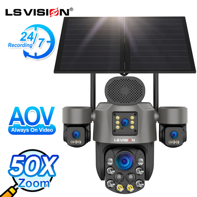 LS VISION 50X Optical Zoom Waterproof 4 Lens 4K 8MP Color Night Vision 4G Cellular LTE CCTV Security Outdoor AOV Solar Camera