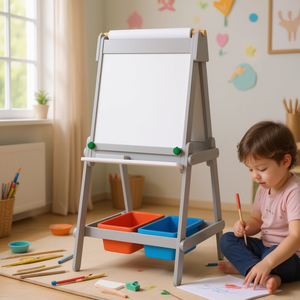 Chevalet d'art pour enfants avec rouleau de papier, tableau blanc double face gris pour jeunes artistes - Product Image 2