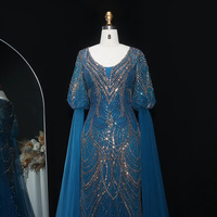 Superbe robe de soirée en dentelle ornée de bleu avec des manches fluides or noir robes de soirée de mariage Lsz621