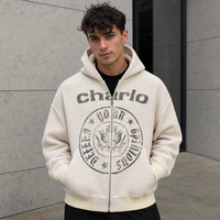 Sweat à capuche unisexe zippé en maille gaufrée avec motif texturé, style streetwear, veste décontractée, personnalisable OEM ODM, vente en gros, pull