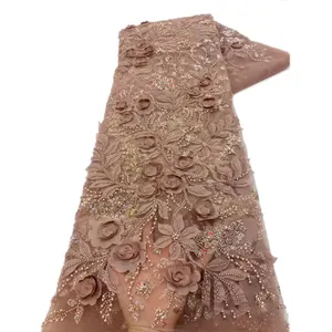 NI.AI Tissu brodé de dentelle de fleurs 3D le plus populaire avec des perles, tissus de dentelle de filet perlé africain de haute qualité avec des paillettes