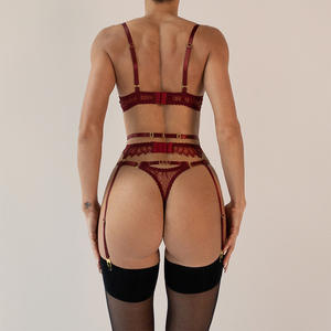 Vente en gros de lingerie érotique sexy en dentelle, string, corset en maille transparente, ensemble trois pièces pour femmes - Product Image 3