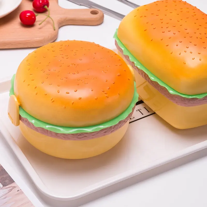 Dễ thương Burger Bento hộp cho trẻ em thực phẩm container hai lớp bánh hamburger Hộp Ăn Trưa với muỗng nĩa