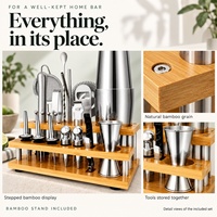 Kit de barman durable de 23 pièces avec support en bambou, shaker Boston en acier inoxydable, outils de bar, capacité 600/800 ml pour la maison