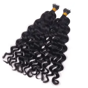 Groothandelsprijs Keratine Bindingen Natuurlijke Zwarte Kleur Nano Tip Curly Human Hair Extensions