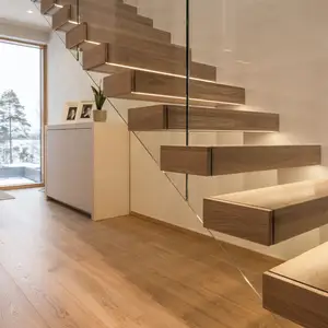 CBMMART-escaleras de interior de acero, escaleras de diseño, iluminación led, barandillas de vidrio, escalones de madera, escalera flotante