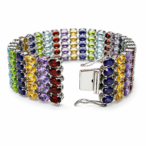 925 Sterling Silver Rhodium Multi <b>Gemstone</b> Wide <b>Bracelet</b> with Amethyst Blue Topaz Peridot Iolite Citrine and Garnet - Product Image 3