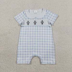 Ensemble assorti frères et sœurs : Robe décontractée écologique brodée à carreaux et croix, col montant, longueur genou, et combinaison-pantalon deux pièces - Product Image 5