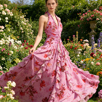 Robe longue élégante à col halter, motif floral, volants, sans manches, dos nu, fente, pour la plage, les vacances, les soirées, taille haute, coupe trapèze, pour femme