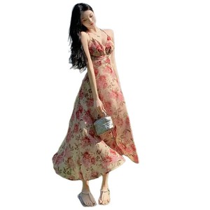 French Style Floral Chiffon Dress High Waisted Halter Neck Backless Slit Vacation Beach Cover Up - Product Image 5
