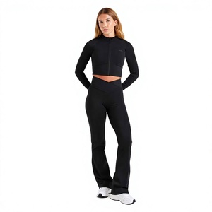 Mock Neck Jumpsuit Womens Thumbholes Front Zipper <b>Bell</b> Bottom Flare Long Sleeve Slim Fit Yoga Gym Custom Jumpsuit For Tall Women - Product Image 1
