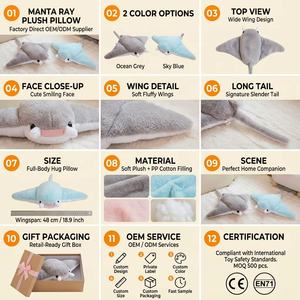 Coussin en peluche Raie Manta, Doux et Moelleux, Jouet en Peluche Raie, Animal Marin, Poupée en Peluche Raie diabolique, Cadeau, Vente Directe Usine, Vente en Gros - Product Image 2