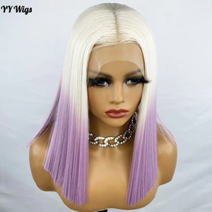 Parrucche frontali in pizzo sintetico 13x4 per <span class=keywords><strong>capelli</strong></span> corti Futura <span class=keywords><strong>viola</strong></span> Ombre bianco taglio corto parrucche diritte resistenti al calore per donna - Product Image 1