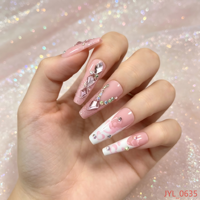 Uñas postizas al por mayor, largas, con forma de ataúd, con purpurina rosa y diamantes de imitación, ABS, OEM, etiqueta privada personalizada, reutilizables