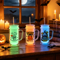 Mug en plastique vert à double paroi de 16 oz, pré-percé, avec logo personnalisé, luminescent dans le noir, vendu directement d'usine, avec boîte kraft