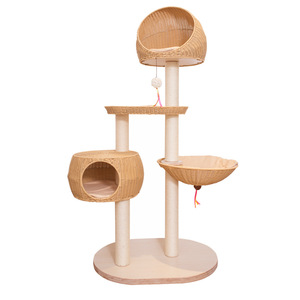 <b>Large</b> Rattan <b>Cat</b> <b>Tree</b> 4 Levels Solid Wood Base With Sisal Posts And Woven Nest For <b>Cats</b> - Product Image 4