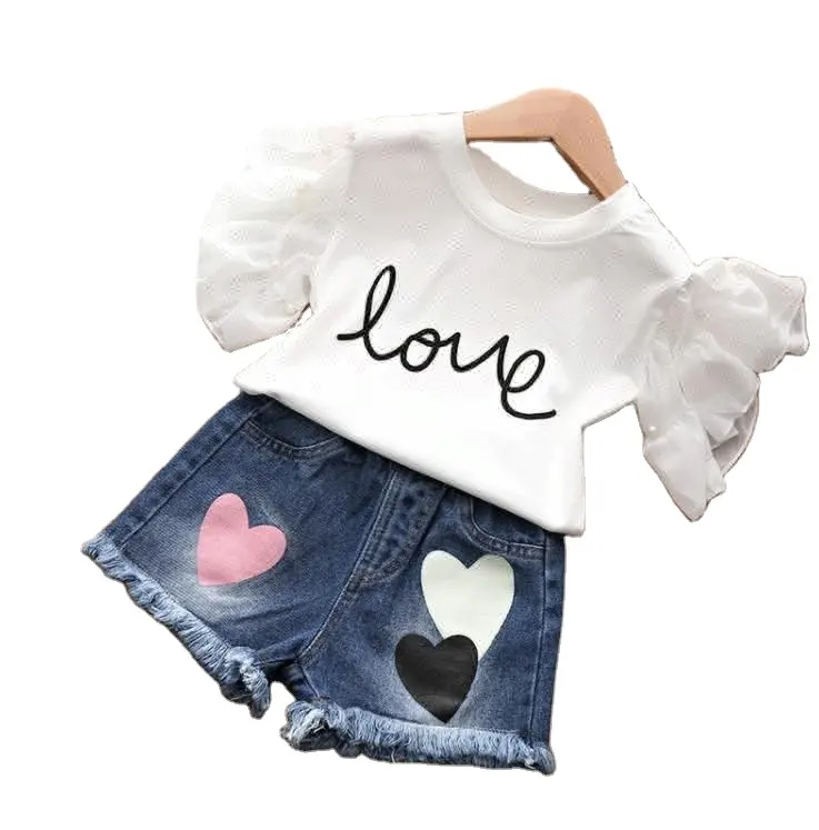 Hot sale baby girl outfit white t shirt summer little girls clothing sets baby clothing sets girl