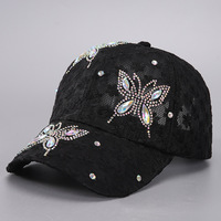 Casquette de baseball en maille pour femme avec strass et papillon en résine, réglable, style camionneur, scintillante, tendance, pour l'été et l'extérieur, vente en gros