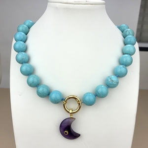 Collar de Moda con Cierre de Oro de 18k, Cuentas Redondas de Turquesa Natural y Colgante de Amatista para Uso Diario - Product Image 1